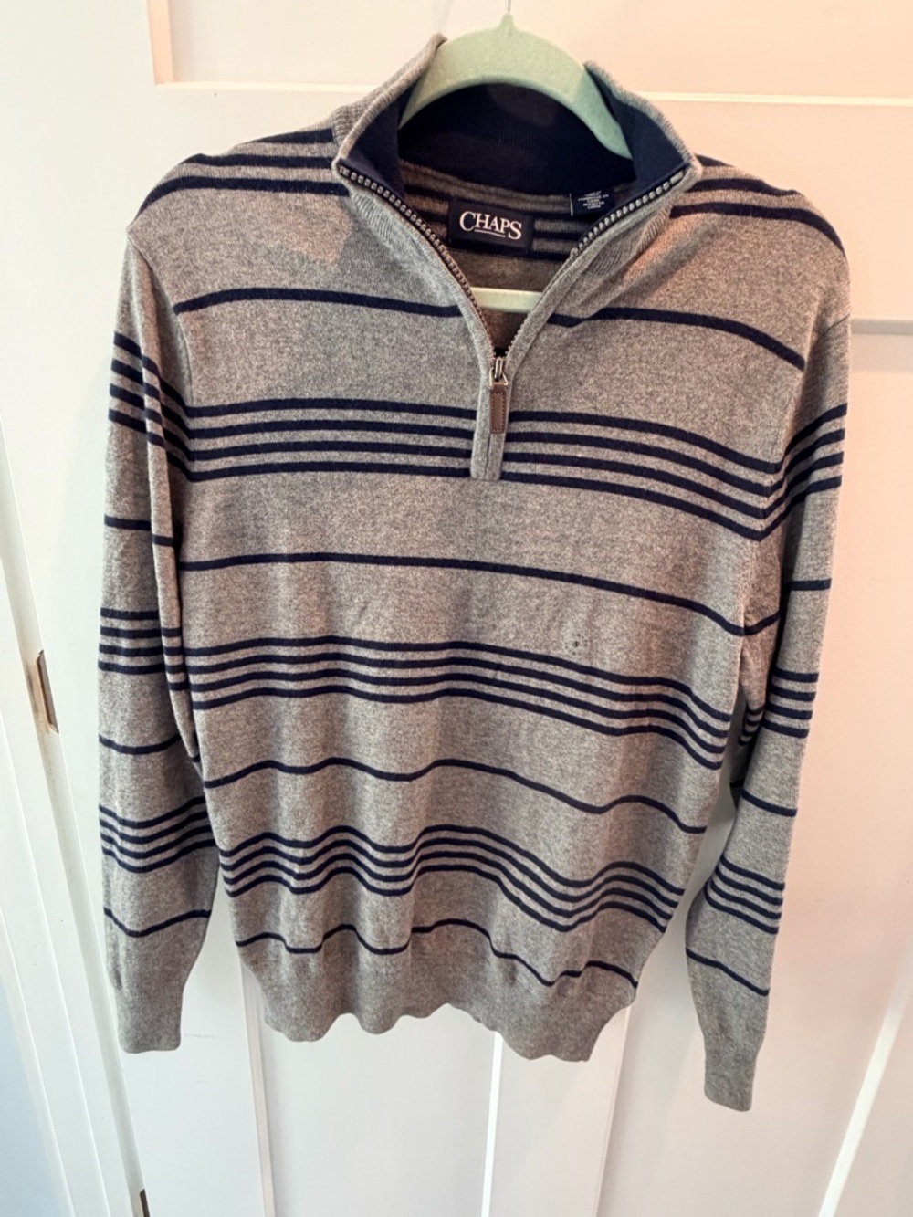 Chaps Quarter Zip Sweater Mens Small Gray Navy Stripe NWT Pullover Mock Neck